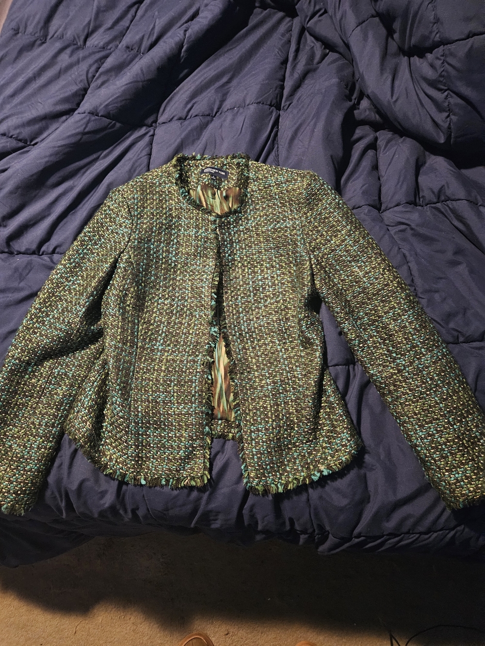 Jones New York Signature Women’s Size 6 Green Teal Tweed Boucle Fringe Jacket